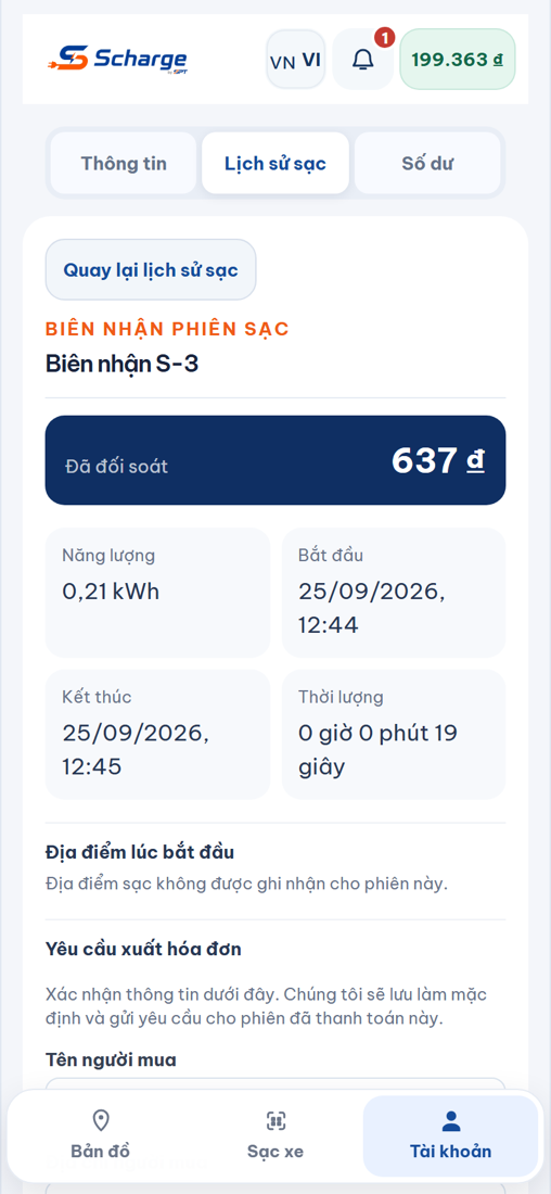 Biên nhận phiên sạc
