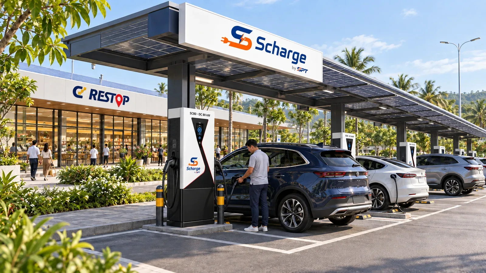 Phối cảnh đề xuất khu sạc Scharge tại điểm dừng chân CD Restop theo bộ chuẩn thiết kế, không phải ảnh công trình đã xây.