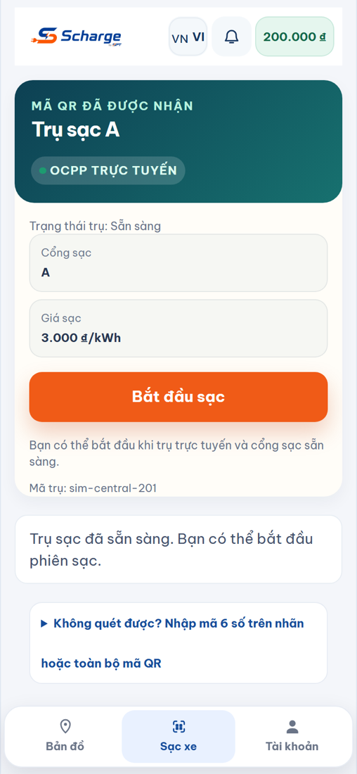 Trụ sẵn sàng, chạm Bắt đầu sạc