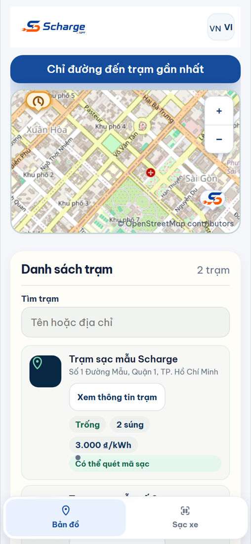 Màn hình đầu tiên khi mở ứng dụng: bản đồ và danh sách trạm