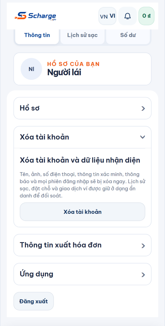 Mục Xoá tài khoản và nút Đăng xuất