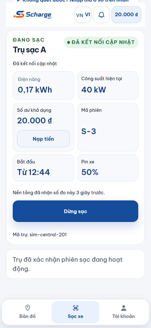 Đang sạc, nút Dừng sạc